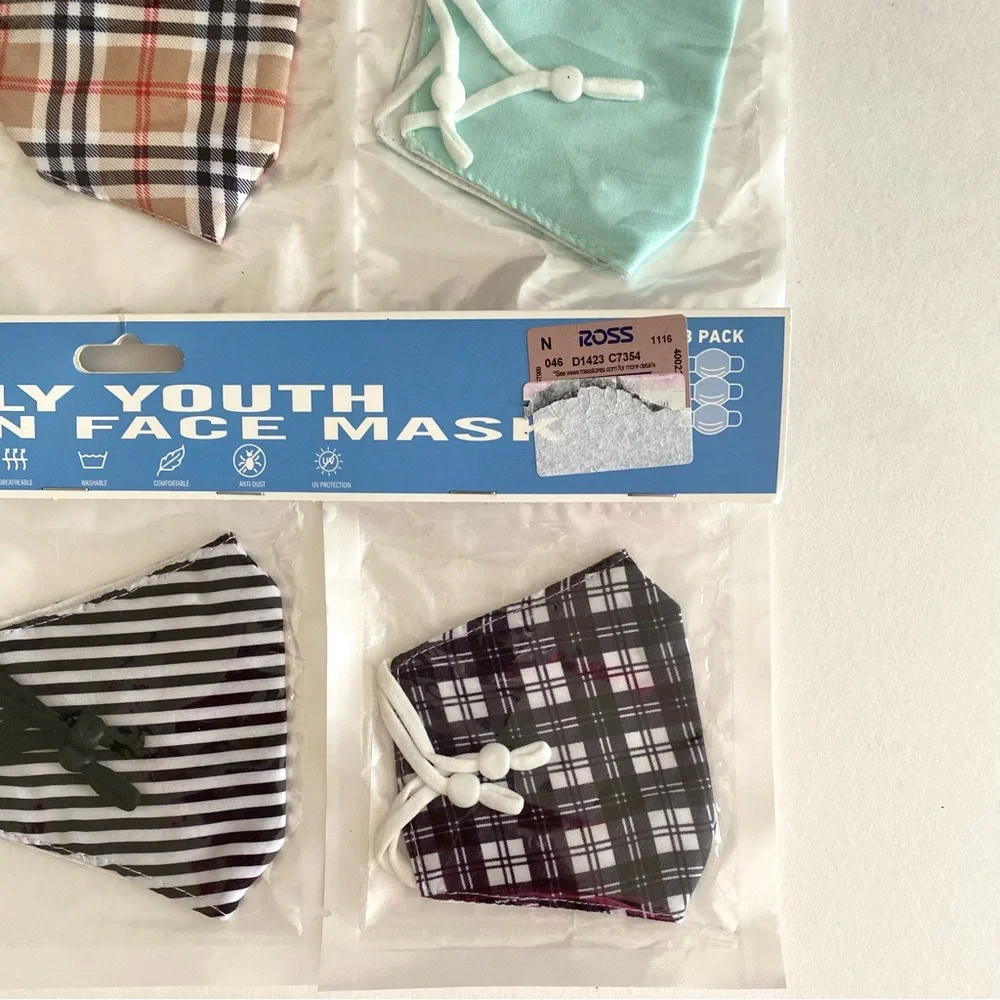 NWT Orly Youth Cotton Face Masks Multicolor Printed 3 Pack + 2 Pack Face Covers